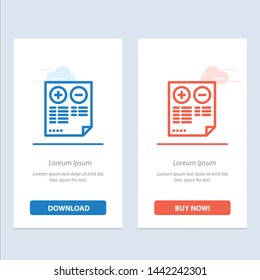 Pros, Cons, Document, Plus, Minus  Blue and Red Download and Buy Now web Widget Card Template