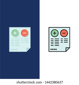Pros, Cons, Document, Plus, Minus  Icons. Flat and Line Filled Icon Set Vector Blue Background