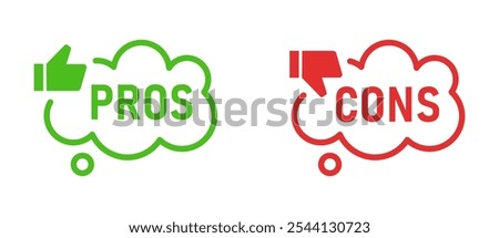 Pros cons in flat design. Green and red, check mark flat icons for advantages and disadvantages with thumbs up and down. Transparent png and vector illustration