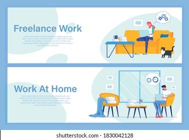 Pros and Cons Freelance and Remote Work. Young Woman Thinking Problem Over Sitting at Home with Laptop on Cozy Couch, Cat Hanging Around. Bearded Brunet Solving Two Tasks Simultaneously in Armchair.