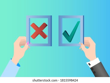 Los pros y contras.Dos manos sostienen carteles con las palabras a favor y en contra.Concepto de elecciones, encuestas de opinión pública y votación.Ilustración vectorial plana.