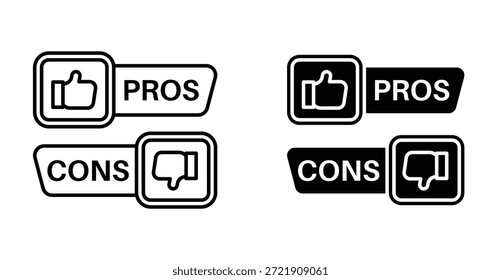 Pros and cons icon set. Pros and cons vector symbol in black filled and outlined style.