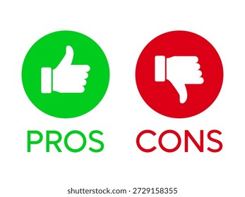 pros and cons icons set, thumbs up and down circles, positive negative symbols