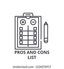 Pros and cons list line icon concept. Pros and cons list vector linear illustration, symbol, sign