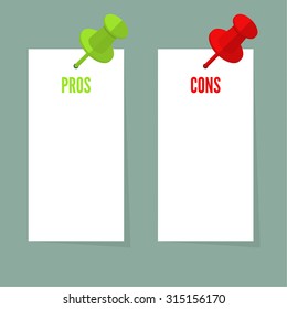 Pros and Cons list. Selection of the optimal solutions, weighing the facts. Paper sheets pinned push pin. Vector design in a flat style. 