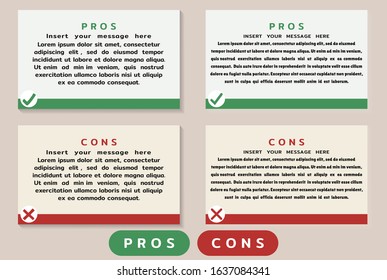 Pros Cons message windows. Correct Wrong. Design template for informative articles, weighing facts. Did you know. Vector