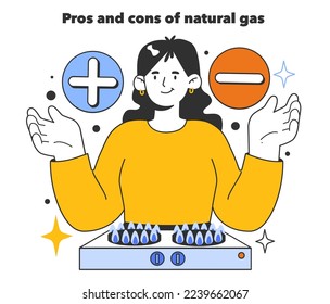 Pros and cons of natural gas. Natural resource extraction and use. Gas transportation to the end consumer. Fossil fuel and eco-friendly energy concept. Flat vector illustration