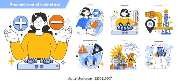 Pros and cons of natural gas set. Natural resource extraction and use. Gas transportation to the end consumer. Fossil fuel and eco-friendly energy concept. Flat vector illustration