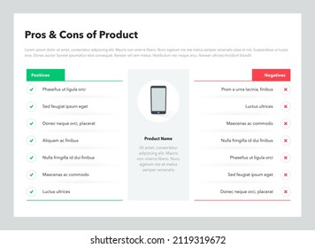 Pros and cons of product template with place for description. Flat infographic design template for website or presentation.