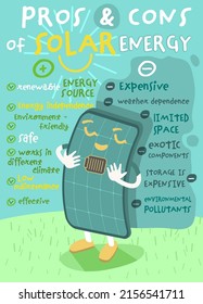 Pros and cons of solar energy. Vertical poster with funny creative character. Interesting infographic. Portrait print with useful information. Portrait vector illustration in a unique cartoon style