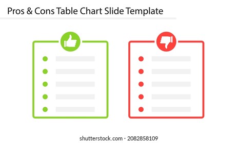 Pros and Cons table chart slide template. Clipart image