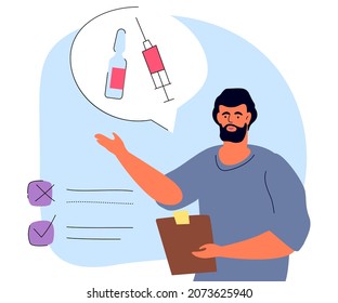 Pros and cons of vaccination - detailed flat vector design style illustration. Bearded male doctor points out contraindications in the patients medical record. Opportunity to get vaccinated