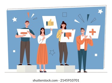 Pros and cons as various feedback. Young men and women evaluate product or service with plus and minus or thumbs up and thumbs down. Opinion of users and customers. Cartoon flat vector illustration