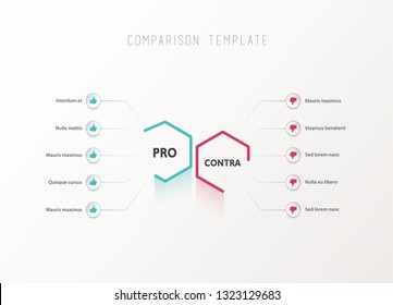 Pros and Contras comparison vector template light vector template with blue and purple hexagons and circles and place for your comparison text.