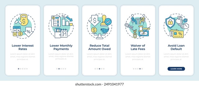 Pros of debt restructuring onboarding mobile app screen. Walkthrough 5 steps editable graphic instructions with linear concepts. UI, UX, GUI template