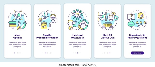 Pros of direct marketing onboarding mobile app screen. Benefits walkthrough 5 steps editable graphic instructions with linear concepts. UI, UX, GUI template. Myriad Pro-Bold, Regular fonts used