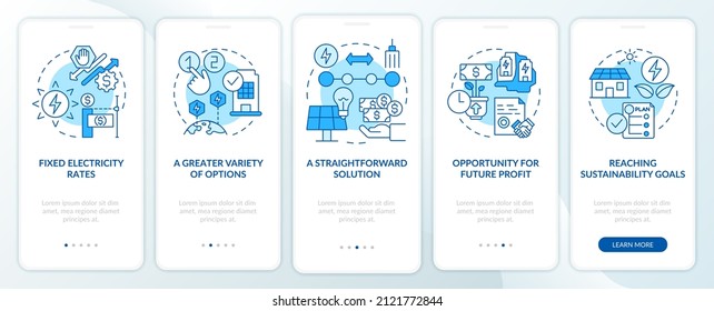 Profis von PPA blauen Onboarding Mobile App Bildschirm. Der Kunde profitiert von 5 Schritten, die grafische Instruktionsseiten mit linearen Konzepten. UI, UX, GUI-Vorlage. Myriad Pro-kühne, Standardschriftarten verwendet