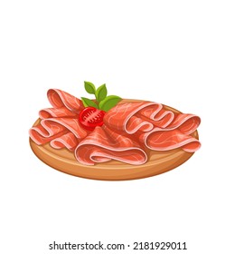 Prosciutto crudo, Italian food vector illustration. Cartoon isolated wooden board with raw dry cured ham cut into thin slices, delicatessen prosciutto on plate, gourmet appetizer dish from Italy