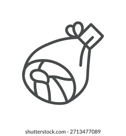 Icono de jamón. Ilustración de línea delgada de un jamón curado enrollado, que simboliza el cerdo curado en seco italiano, charcutería gourmet y sabor delicado. Signo de Vector de contorno aislado.