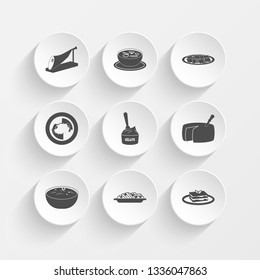 Prosciutto, Italian soup, Ravioli, chicken parmesan and Gelato icons on plate illustration set