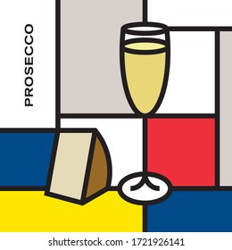 Prosecco glass with cheese. Modern style art with rectangular color shapes. Piet Mondrian style pattern.