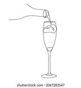 Prosecco glass The process of pouring wine into a glass. Pours champagne from a bottle into a glass. Line art, vector continuous line drawing. Black and white illustration. Christmas, New Year holiday