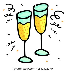 Prosecco in the glasses. Cute hand drawn doodle. Vector illustration for greetings card, poster or internet template.