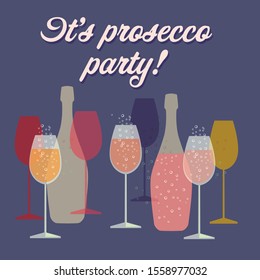 Prosecco Party Vector Illustration With Bottles And Glasses Of Sparkling Wine