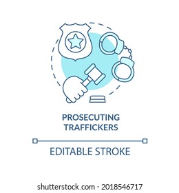 Prosecuting smugglers blue concept icon. Law against human trade crimes abstract idea thin line illustration. Smuggler under custody. Vector isolated outline color drawing. Editable stroke