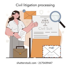 Concepto de fiscal. Abogado judicial que procesa litigios civiles o penales. Carácter que prueba la culpa hablando con el sospechoso y presentando evidencia física. Ilustración vectorial plana