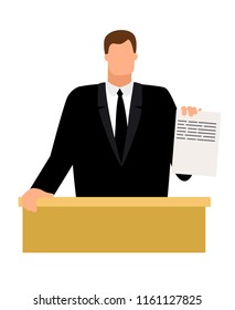 Prosecutor with document in hand icon on white background, vector illustration