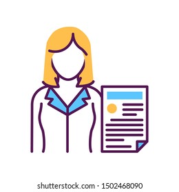 Prosecutor with document line color icon. Courthouse concept. Law and justice profession. Sign for web page, mobile app, button, logo. Vector isolated button. Editable stroke.