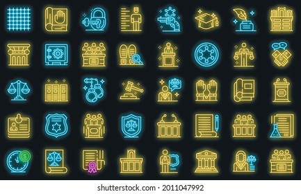 Prosecutor icons set. Outline set of prosecutor vector icons neon color on black