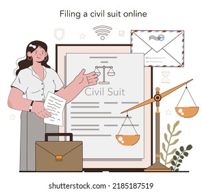 Prosecutor online service or platform. Court attorney processing civil or criminal litigation. Talking to suspect and presenting physical evidence. Online application. Flat vector illustration