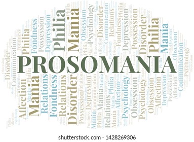 Prosomania word cloud. Type of mania, made with text only.