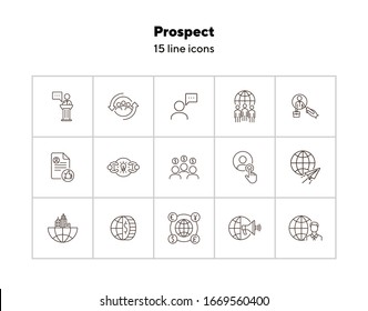 Conjunto de iconos de línea de prospección. Cliente, público objetivo, dinero, globo. Concepto de negocio. Se puede usar para temas como finanzas globales, inversión, marketing