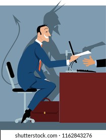 Prospective Employee At The Job Interview With A Shadow Of A Devil As A Metaphor For A Bad Hire, EPS 8 Vector Illustration