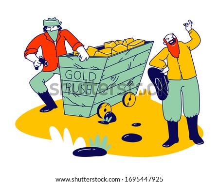 Prospector Character Looking on Golden Prill, Wild West Bandit with Hidden Face Aiming with Gun Stand at Trolley with Gold Nuggets. Western Rush, Retro Movie Scene. Linear People Vector Illustration