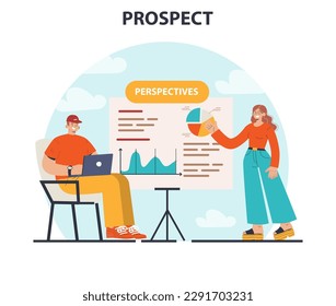 Prospects. New opportunities and future achievements. Innovative business ideas or decisions. Positive outlook, forecast or visionary. Flat vector illustration