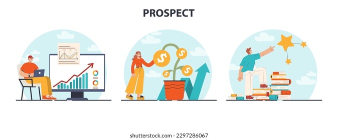 Prospects set. New opportunities and future achievements. Innovative business ideas or decisions. Positive outlook, forecast or visionary. Flat vector illustration