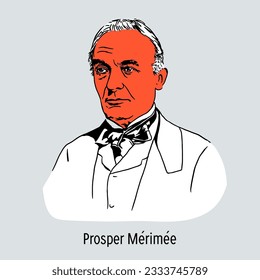 Prosper Mérimée was a French writer and translator, one of France's first masters of the short story, historian, ethnographer and archaeologist. Hand drawn vector illustration.