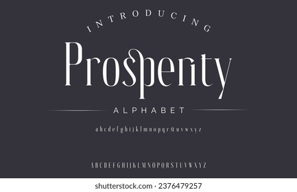 Prosperity Elegante alfabeto tipo letra del logo de la moda de bodas abstractas de lujo elegante. Tipos de letra urbanos clásicos mínimos para logotipo, marca, etc. Tipografía tipo mayúsculas minúsculas y número. ilustración vectorial