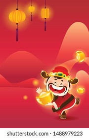 Prosperity god dancing with gold ingot with lantern and red Chinese New Year background. Vertical version. 