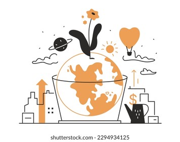 Prosperity and growth - modern line design style illustration on white background. Composition with planet from which the flower grows. Favorable urban environment and economic situation