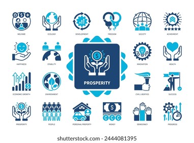 Prosperity icon set. Freedom, Progress, Development, Economic Growth, Stability, Welfare, Personal Property, Health. Duotone color solid icons