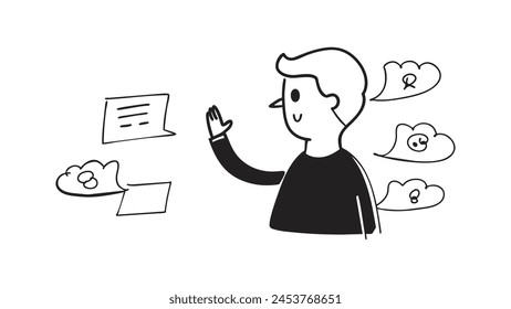 Prosperity. The leader explains his vision. Business plan, project, strategy. Presentation. Discussing business plan. doodle line art on white background