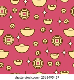 Prosperity and Lucky Gold Money ingot and Coins. This seamless pattern perfect for Chinese New Year decorations, festive fabrics, wallpapers, gift wrap, celebrating festival, and as lucky charm