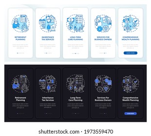 Prosperity manage onboarding mobile app page screen with concepts. Retirement plan walkthrough 5 steps graphic instructions. UI, UX, GUI vector template with linear night and day mode illustrations
