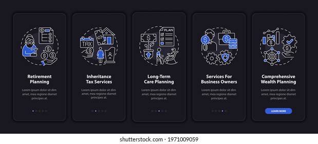 Prosperity management onboarding mobile app page screen with concepts. Long-term care plan walkthrough 5 steps graphic instructions. UI, UX, GUI vector template with linear night mode illustrations