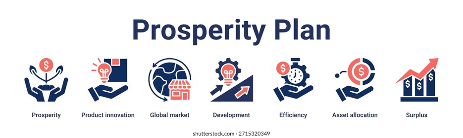 Plano de Prosperidade ícone web vetor ilustração conceito para negócios com ícone de Prosperidade, Inovação de produtos, Mercado global, Desenvolvimento, Eficiência, Alocação de ativos.